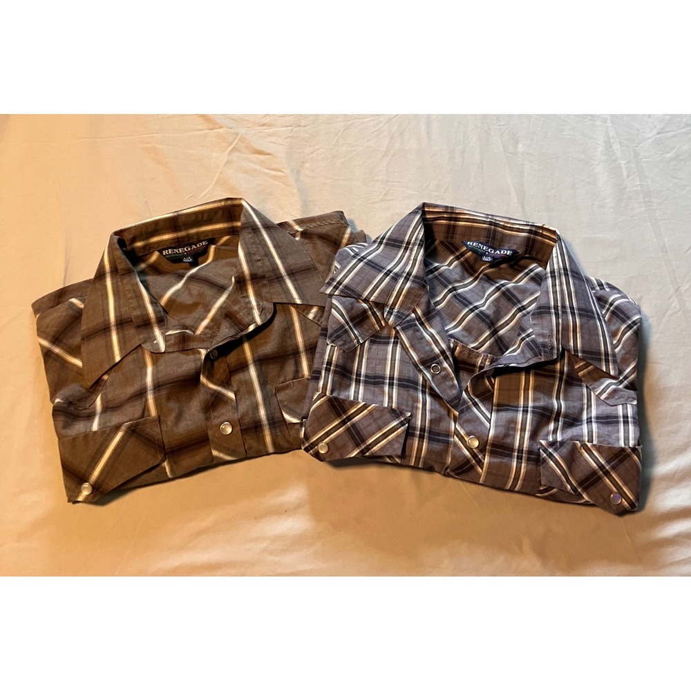 Two Renegade Western Shirts Mens Large Plaid Short Sleeve Pearl Snap Front Yoke